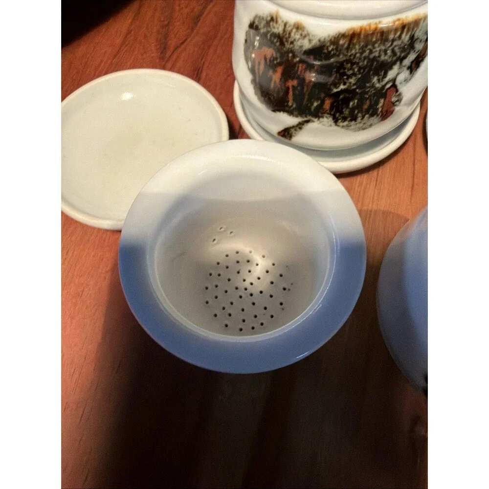 Vintage Japanese Ceramic Personal Tea Cup Set with Strainers (Set of 4)